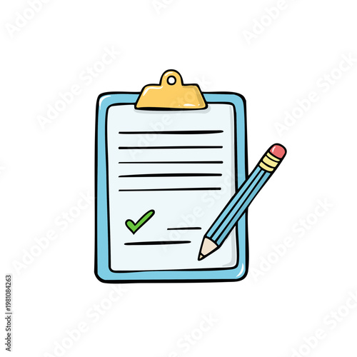 Hand drawn checklist clipboard with pencil and green checkmark symbolizing completion and tasks