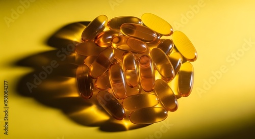 Pile of golden translucent capsules on yellow background