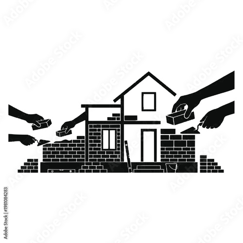 Hands Building House Brick by Brick Construction Concept Silhouette Vector Isolated on Transparent Background