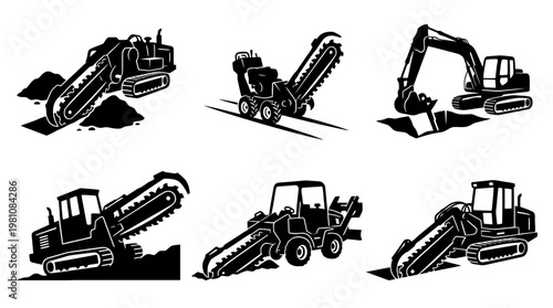 trench digger silhouette vector set