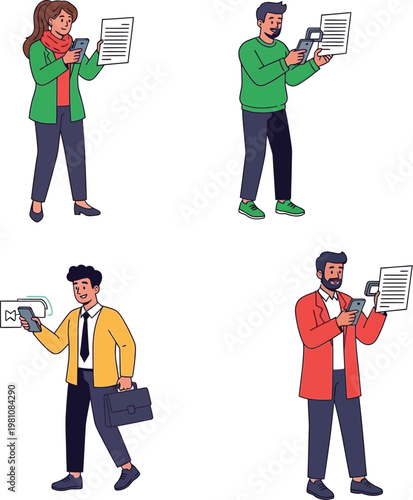 Employees hold documents and smartphones for scanning daily task reports.