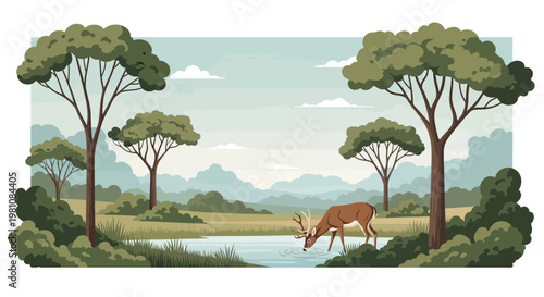 Tranquil Waterside Scene: An illustrated depiction of a deer quenching its thirst at a serene waterhole surrounded by verdant trees, evoking a sense of calm and the beauty of wilderness.
