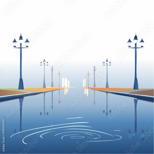 Urban street reflection on wet pavement with streetlights and rippling water