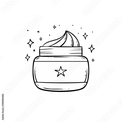 Hand drawn jar of cream with swirls and sparkling stars illustration