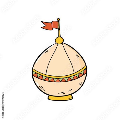 Whimsical circus tent top with decorative band and fluttering red flag illustration