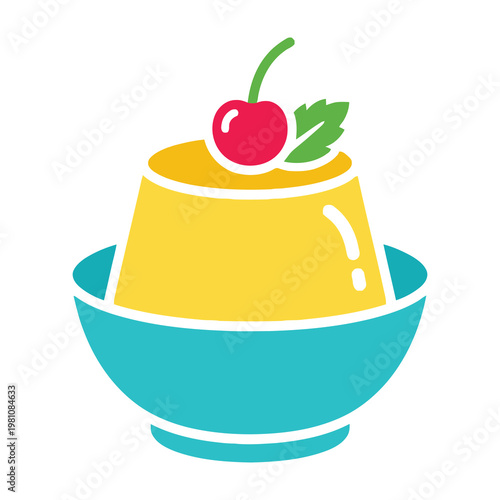 Custard Pudding Dessert in a Blue Bowl Topped with a Fresh Red Cherry and Green Mint Leaf Icon