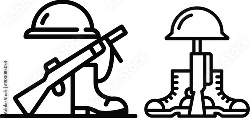 Memorial Day Fallen Soldier Tribute Helmet Rifle Line Art Icon