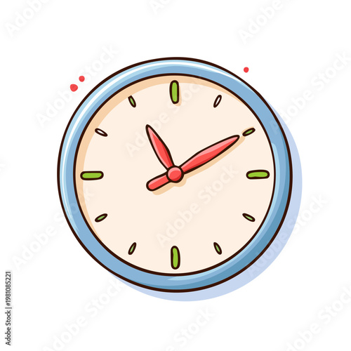 Cartoon illustration of a round wall clock with red hour and minute hands and tick marks