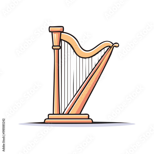 Illustration of a wooden harp with strings on a white background