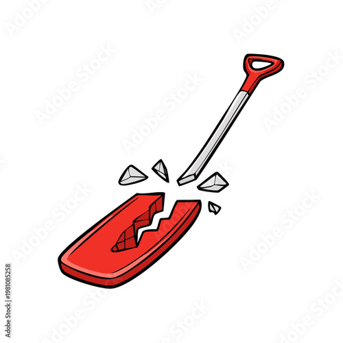 Broken Red Garden Shovel with Pieces Flying Off in Cartoon Style
