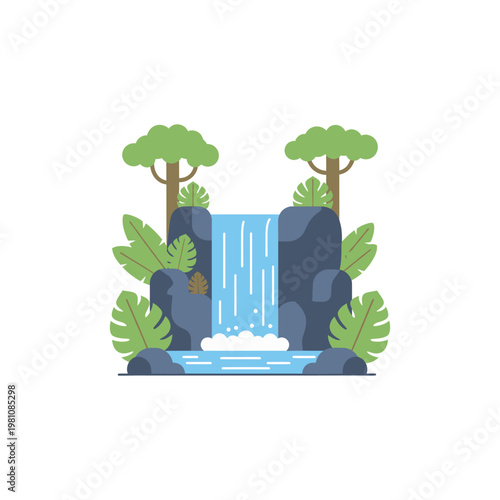 A serene cartoon waterfall surrounded by lush greenery and rocks in a peaceful natural setting