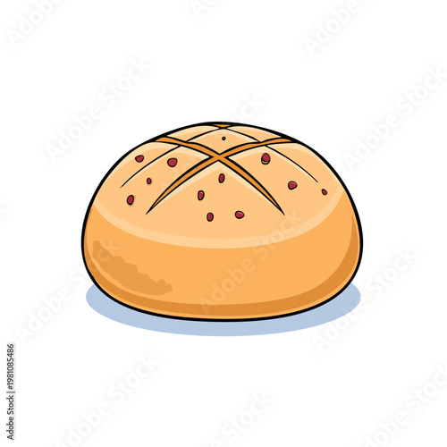 Cartoon round bread roll with reddish seeds and cross cut on top