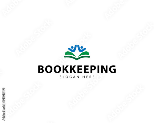 Bookkeeping Logo with book and peoples, tax optimization, firm dissolution, accountant outsourcing, payroll, real estate crediting. Accountancy finance logo vector for legal services.