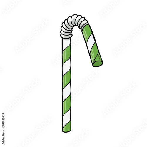 Green and white striped bendy drinking straw isolated on white background