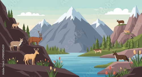 Wildlife Oasis: Diverse fauna thrives in a picturesque mountainous habitat, where a tranquil lake mirrors towering peaks, creating a harmonious ecosystem.