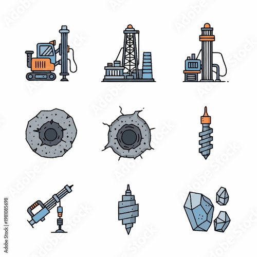 Drilling Equipment and Geological Samples Icons.