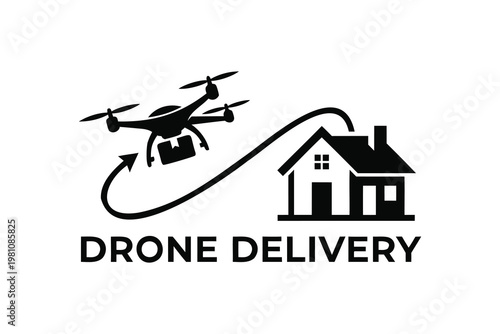 Drone Delivery to House Icon, Black Drone Shipping Logo Vector