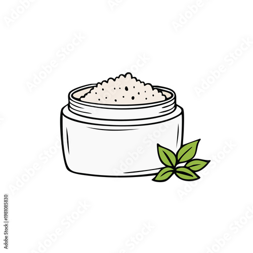 Hand drawn illustration of a jar of exfoliating scrub with green leaves for natural spa treatment