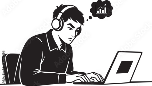 Man wearing headphones sitting at laptop with thought