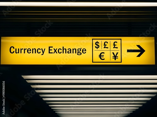 Bright yellow currency exchange sign with international money symbols and arrow pointing right, illuminated in a modern airport terminal.