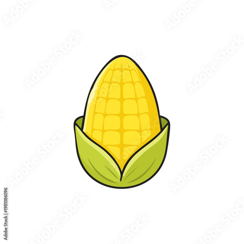 Cartoon ear of corn with bright yellow kernels and green husks illustration