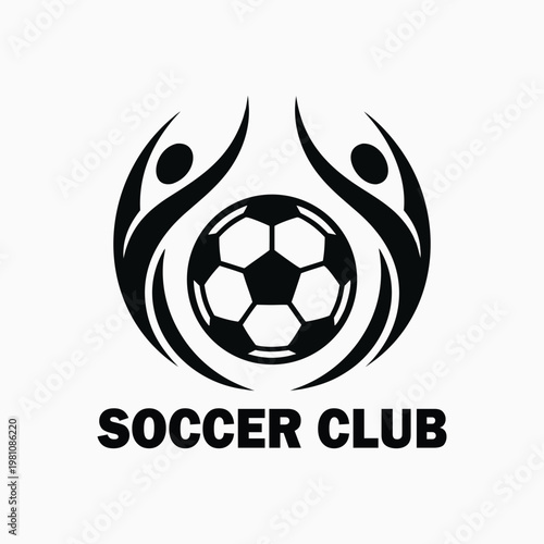 Soccer Club Logo with Two Players and Ball, Minimalist Football Crest Vector