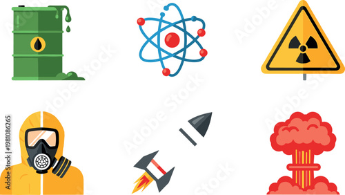 Hazardous Materials, Nuclear, and Environmental Danger Icon Set with Toxic Waste, Radioactive, and Chemical Warning Symbols
