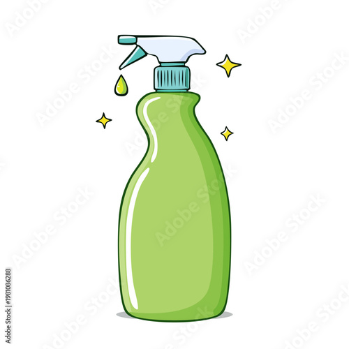 Green spray bottle with a droplet of liquid and sparkling stars clean home concept