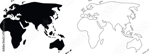 Asia, Africa and Europe Map Silhouette and Outline Vector illustration