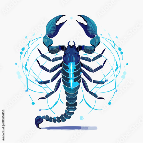 Mystical Blue Scorpion Illustration with Dynamic Energetic Glow and Abstract Swirls
