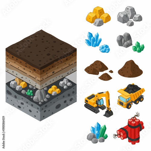 Mining Industry Elements Geological Layers Excavation Equipment Resources.
