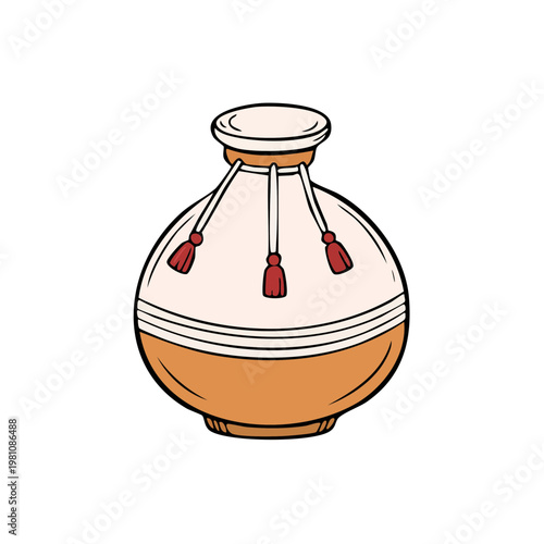 Hand-drawn illustration of a decorative, round, ceramic pot with hanging tassels
