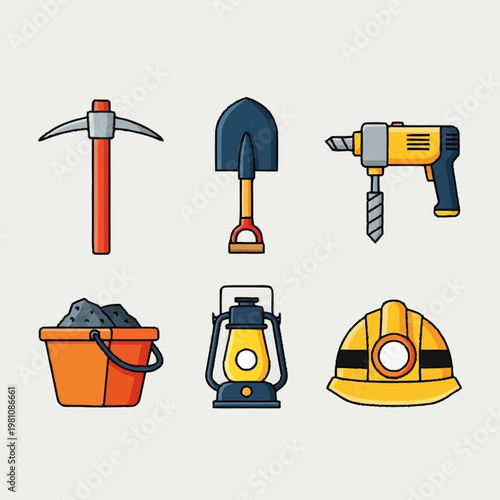 Mining tools and equipment collection flat design.