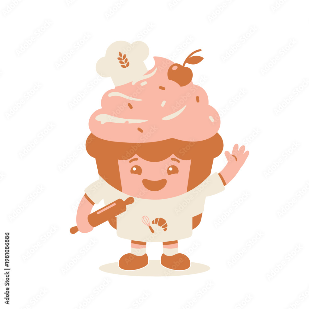 Fototapeta premium Cartoon baker character holding rolling pin with giant cupcake