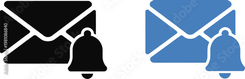 Email Notification Icon Set with Bell and Envelope Symbols, Message Alert Concept, Modern Flat Design for UI, Mobile Apps, and Web Interfaces, Communication and Notification Elements