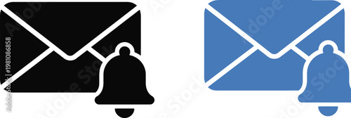 Email Notification Icon Set with Bell and Envelope Symbols, Message Alert Concept, Modern Flat Design for UI, Mobile Apps, and Web Interfaces, Communication and Notification Elements