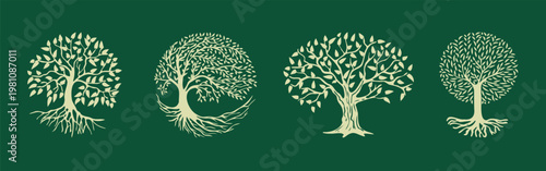 A collection of creative tree logos for branding, icons of natural concepts