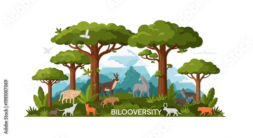 Biodiversity: A vibrant illustration showcasing the harmony of various animal species within a lush, diverse ecosystem. A visual representation of environmental balance and natural heritage.