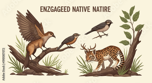 Enzgageed Native Nature: A collection of native fauna showcasing the diversity of nature through various bird and animal species perched on tree branches.