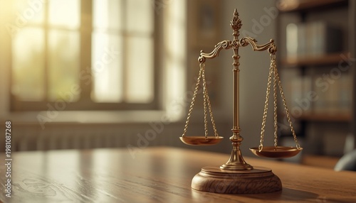 Scales of Justice on Wooden Base in Sunlit Office Representing Law, Balance and Legal Concept