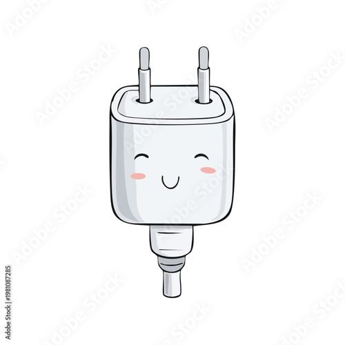 Cute cartoon electrical adapter character with happy face and blush