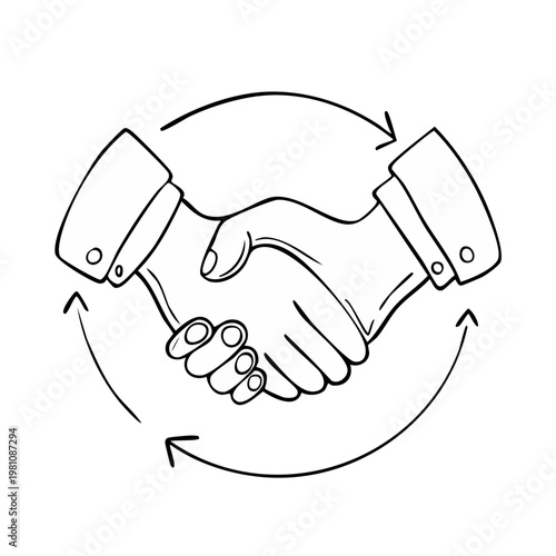 Handshake with circling arrows indicating agreement and partnership in a sketch style