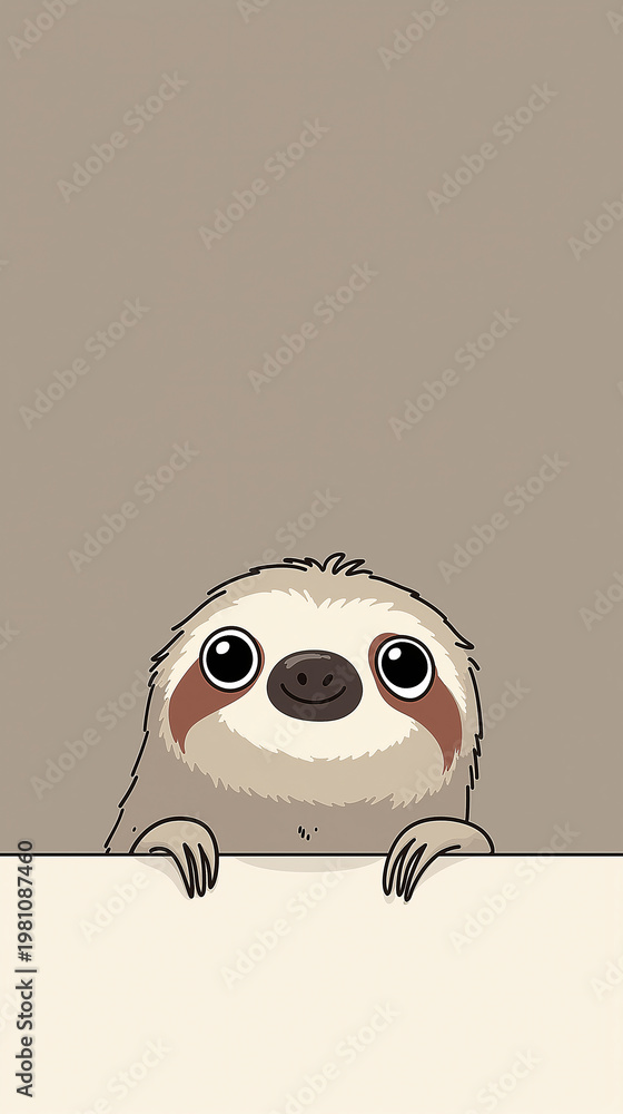 Fototapeta premium A cute cartoon sloth peeking over a blank surface with a friendly expression