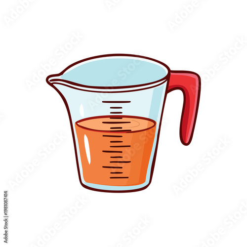 Clear glass measuring jug with red handle filled with orange liquid and measurement markings