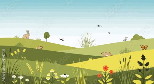 A Day in the Meadow:  A picturesque scene of a tranquil meadow teeming with life, where a variety of wildlife roams freely.