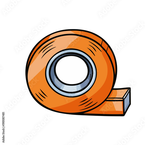 Orange adhesive tape dispenser with tape unwound, cartoon style, isolated on white background.
