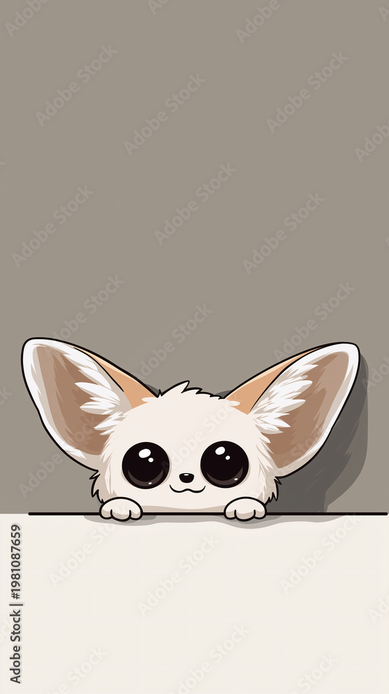 Fototapeta premium Cute cartoon fennec fox with big eyes peeking over a surface