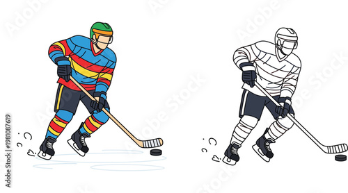 Colorful Ice Hockey Player Vector Illustration with Black and White Line Art Outline Coloring Page