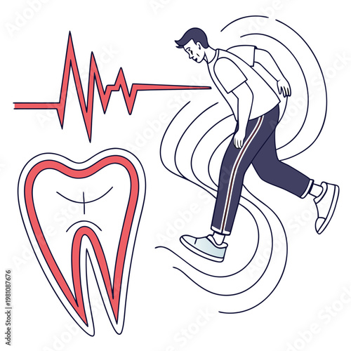 Stylized tooth with pain pulse line and person suffering from dental discomfort