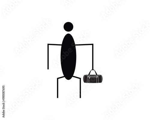 Minimalist black silhouette of person holding travel bag, simple stick figure with duffel luggage, journey and travel concept icon isolated on white background